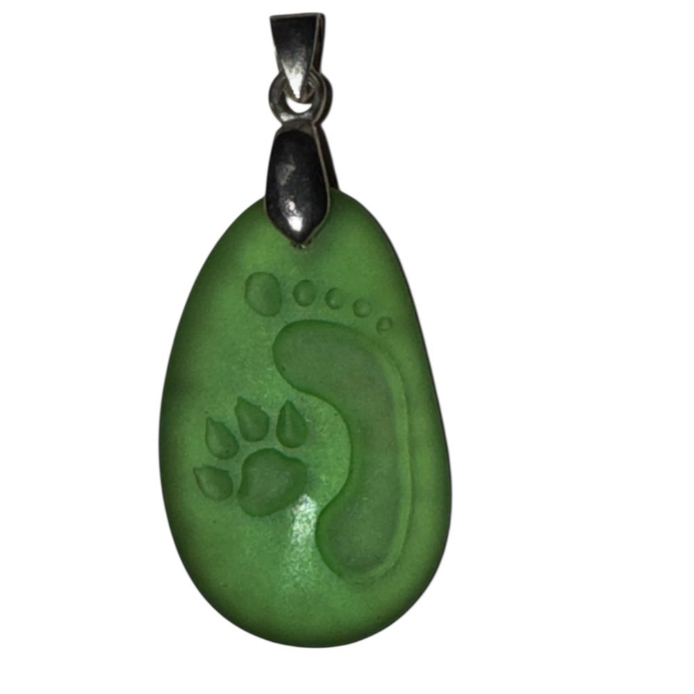 Green Sea Glass Paw Print Footprint Pendant Necklace Charm